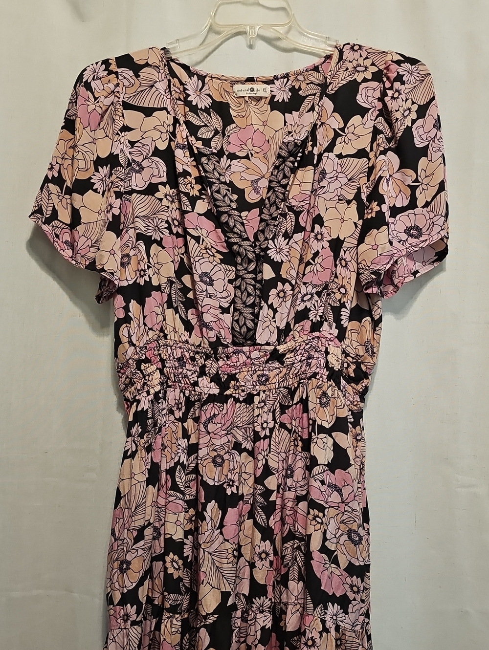 NATURAL LIFE Black Maxi Dress with Pink Floral Print